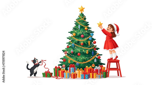 Christmas Cheer: A little girl adorned in a festive outfit, lovingly places a star atop a Christmas tree, with a playful cat assisting in the enchanting scene of holiday preparation.