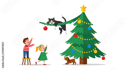 Cat-tastrophe: A comical scene unfolds as a playful cat disrupts the holiday cheer, perched atop a decorated Christmas tree. Two children and a playful dog below observe the chaos. 