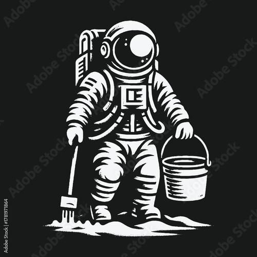 Monochrome Vector Illustration of an Astronaut Janitor Cleaning.