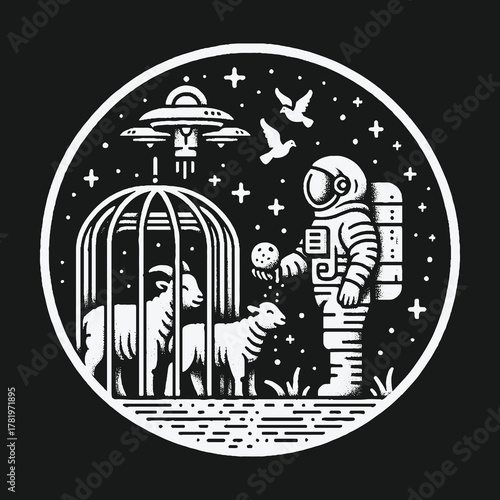 Surreal cosmic scene with astronaut sheep and UFO.