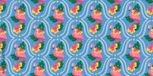 Tropical flamingo and hibiscus floral seamless vector pattern in pink, yellow, green, and blue tones. Perfect for summer wallpaper, fabric and textile prints.