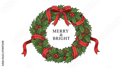 Festive Wreath of Cheer: A beautifully crafted holiday wreath, adorned with vibrant green foliage, festive red ribbons, and a joyful message, embodies the spirit of the season.