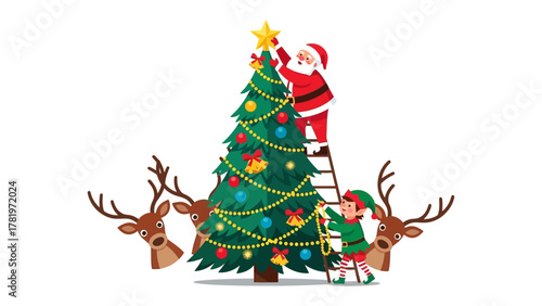Santa and Elf Decorating Christmas Tree: Santa Claus and a cheerful elf are busy decorating a festive Christmas tree with ornaments and lights.