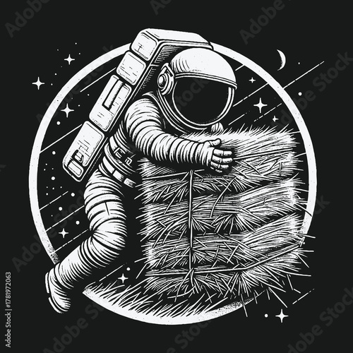 Surreal Astronaut Pushing a Haystack in Outer Space.