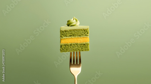 Slice of cake on golden fork against green background in minimalist style.