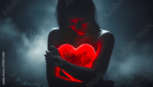 Woman embracing glowing red heart in moody night atmosphere outdoors. The concept of loneliness on Valentine's Day