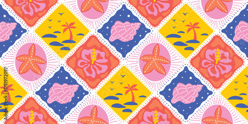 Pastel diamond seamless pattern vector with flowers and shells for summer decor