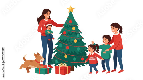 Christmas Family: A family gathers around a decorated Christmas tree, children and a mother, preparing for Christmas. A dog excitedly approaches wrapped gifts, under the tree.