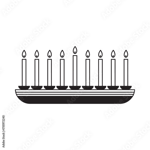Illustration of a lit menorah with nine candles on a white background
