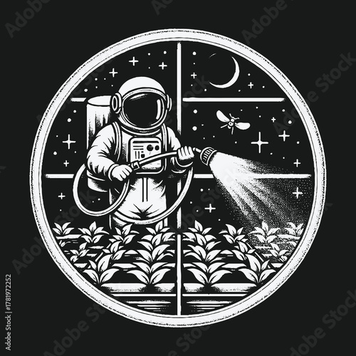 Monochrome illustration of an astronaut watering plants in a space greenhouse.