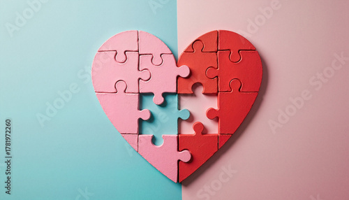 Heart shaped jigsaw puzzle half completed against split pink and blue background provides space for text. Heart shaped jigsaw puzzle pieces create relationship metaphor about love and connection.