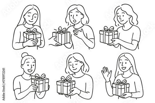 Set of six vector cartoons of woman receiving a gift