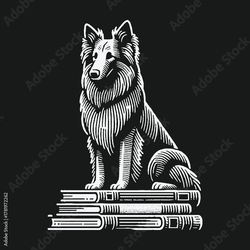 Monochrome Engraving Style Illustration of a Dog on Books.