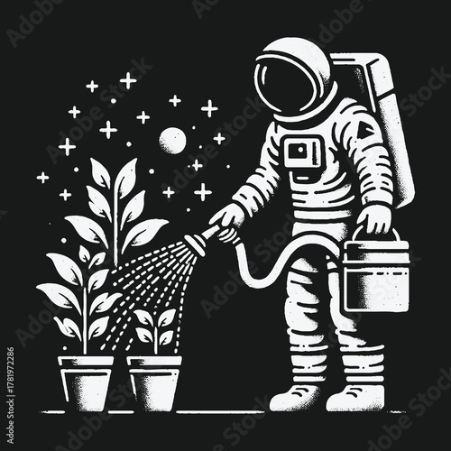 Astronaut watering potted plants in outer space illustration.