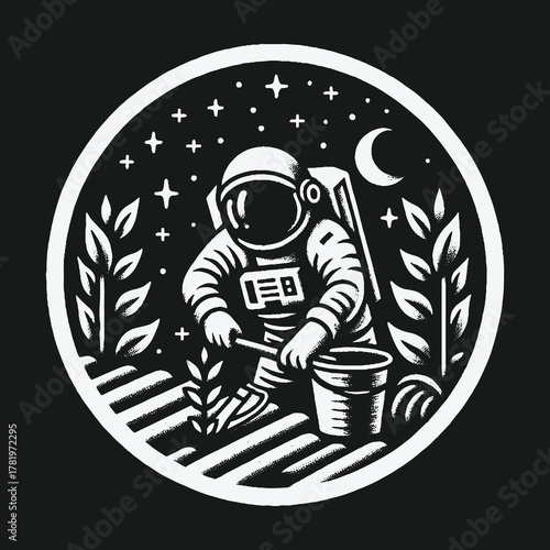 Astronaut Gardener Tending to Plants in Outer Space Illustration.