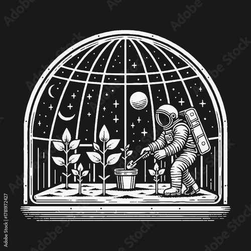 Astronaut Gardening Plants Inside a Space Greenhouse Biodome.