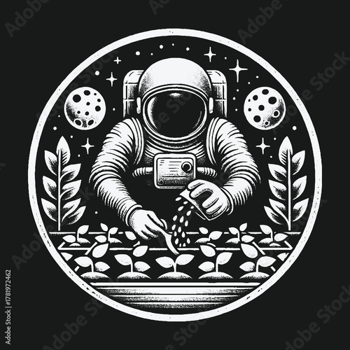 Astronaut Gardener Planting Seeds in Outer Space Illustration.