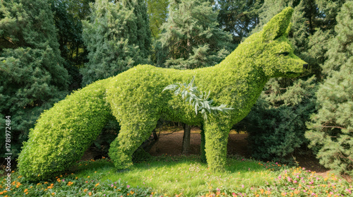 A fox-shaped topiary sculpture made from green shrubs surrounded by pine trees and wildflowers, in a lush garden setting