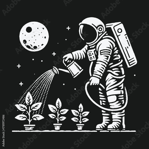 Astronaut Tending to a Garden in Outer Space Illustration.