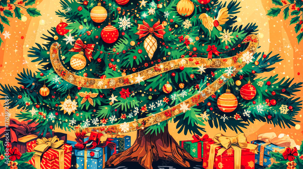 Fototapeta premium Colorful Christmas tree with baubles, ribbon, and presents, in a painted style on a glowing orange backdrop, celebrating holiday joy