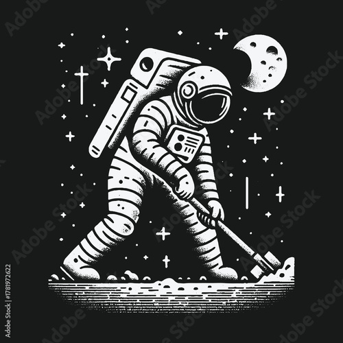 Black and white illustration of an astronaut digging on the moon.