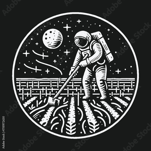 Vintage black and white illustration of an astronaut farming in outer space.