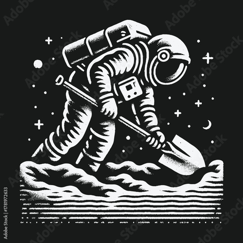 Black and white graphic illustration of an astronaut digging on a planet.
