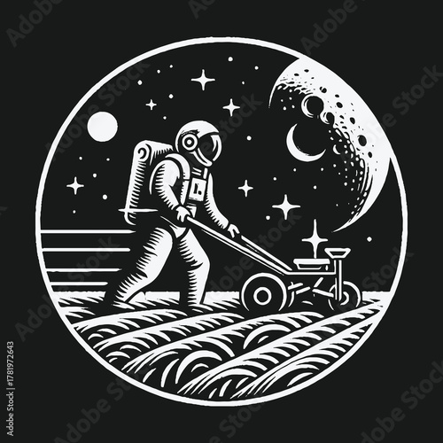 Astronaut Farmer Plowing a Field on a Distant Moon in Space.