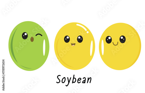 Cute cartoon green and yellow soybeans with faces