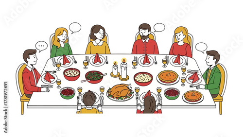 Family Feast: A vibrant illustration of a family gathered around a festively decorated table, sharing a meal and engaged in cheerful conversation, emphasizing unity and togetherness.
