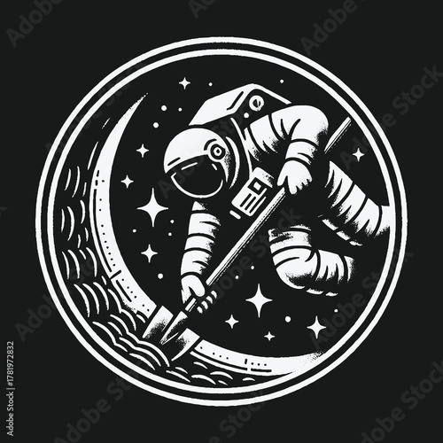 Cosmic farmer astronaut reaping the crescent moon surface.