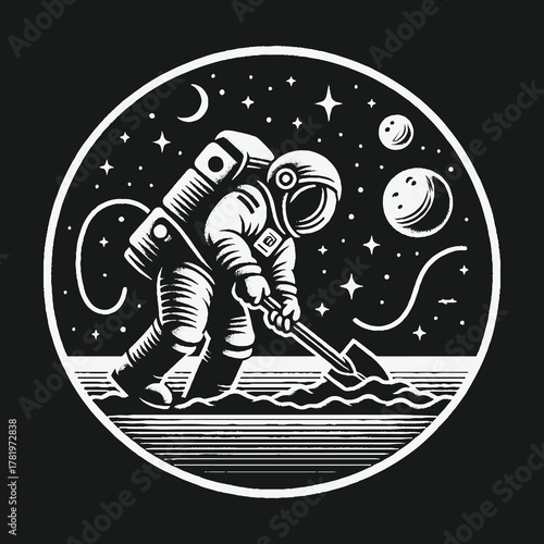 Monochrome circular illustration of an astronaut digging on a planet.