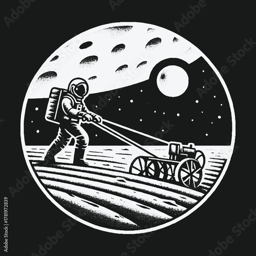 Monochrome Astronaut Plowing a Field on an Alien Planet.
