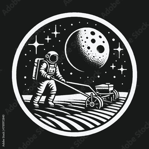Surreal Black and White Illustration of an Astronaut Mowing the Moon.