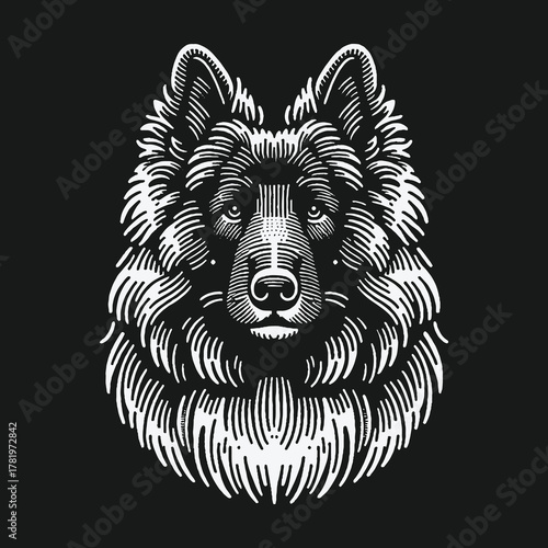 Majestic German Shepherd dog head in detailed engraving style.