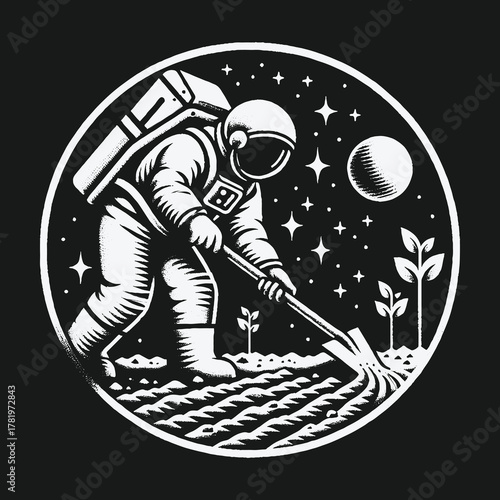 Monochrome Illustration of an Astronaut Farming in Outer Space.