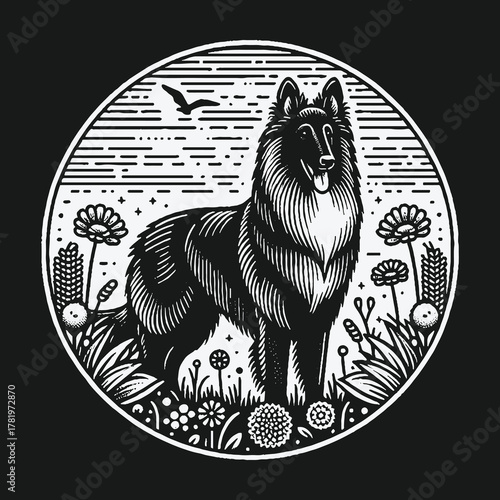 Black and white linocut illustration of a Belgian Tervuren dog in a meadow.