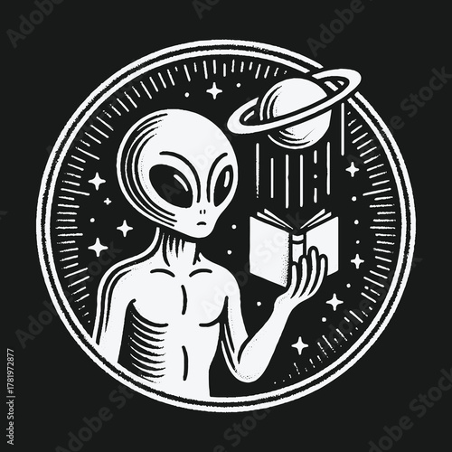 Alien seeking cosmic knowledge from a book in a vintage space emblem.