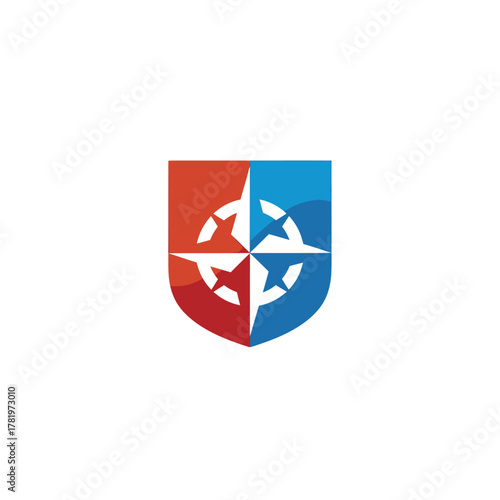 Free Download Modern shield logo with a compass rose symbol for navigation and direction. - GFXLoad