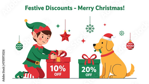 Festive Discounts- Merry Christmas: An illustration captures the holiday spirit, a helpful elf presents gifts adorned with festive discounts for Christmas, joined by a happy dog wearing Santa's hat. 