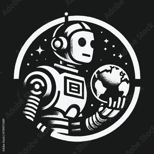 Vintage science fiction robot holding planet Earth in space.