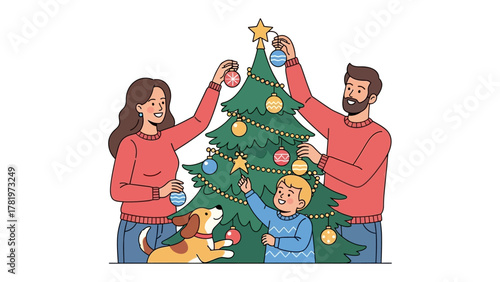 Festive Family Moments: A family decorates a Christmas tree together, creating a heartwarming scene of holiday preparation. Capturing family bonds during the festive season.