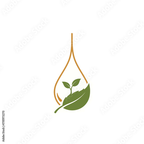 Natural organic logo of a green leaf and sprout inside a golden drop.