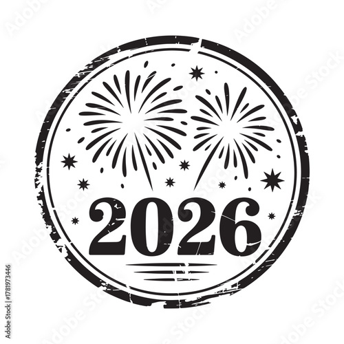 New year 2026 celebration stamp with fireworks and stars