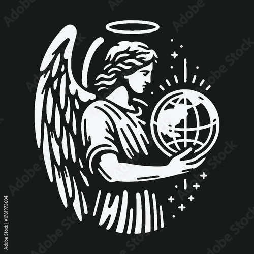 Guardian angel with wings and halo holding the planet Earth globe.