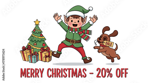 Festive Delight: An elf and a playful dog embody the joyful spirit of Christmas, with a Christmas tree and gifts, perfect for a holiday sale promotion.