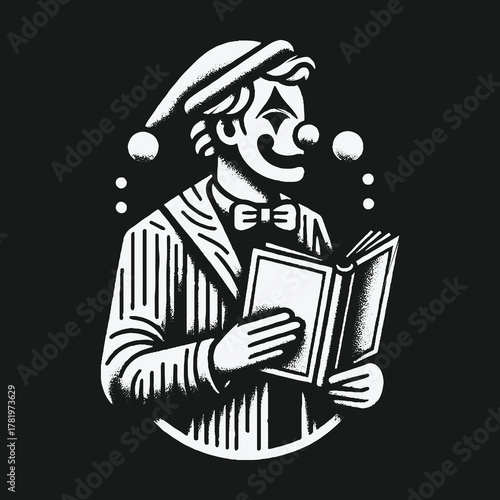 Vintage style illustration of a sad clown reading a book.