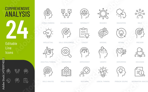 Comprehensive analysis Line Editable Icons set. Vector illustration in modern thin style of human skills related icons: rationality, skills development, imagination, and more. Isolated on transparent 