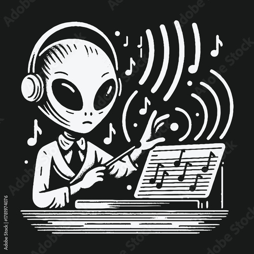 Cartoon Alien Conductor with Headphones Directing a Cosmic Symphony.