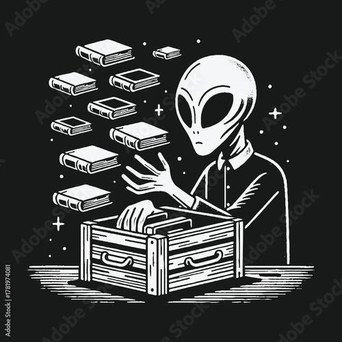 Monochrome illustration of an alien discovering knowledge from levitating books.